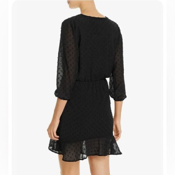 Q&A V-neck Wrap Ruched Clip Textured- Swiss Dot Mini Ruffle Dress in Black - Picture 10 of 11